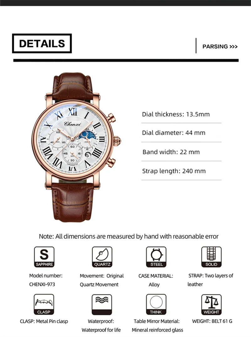 CHENXI 973 Multi-function Business Moon Phase Date Waterproof Rome Analog Imported Men Wristwatch