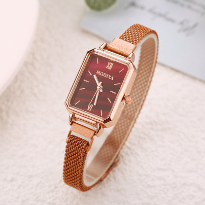 Women Watches Fashion Square Ladies Quartz Watch Magnetic Strap Green Dial Simple Rose Gold Mesh Luxury Women Watches