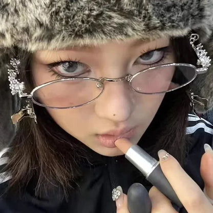 Vintage Y2K Rhinestone Studded Metal Oval Small Frame Elliptical Flat Eyeglasses Anti Blue Light Glasses Women Fashion Eyewear