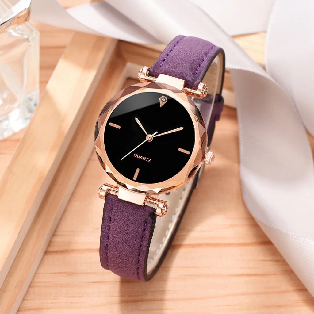 2pcs Luxury Fashion Women Watch Set PU Leather Strap Ladies Quartz Wristwatch Rhinestone RoseGold Alloy Bracelet for Ladies Gift