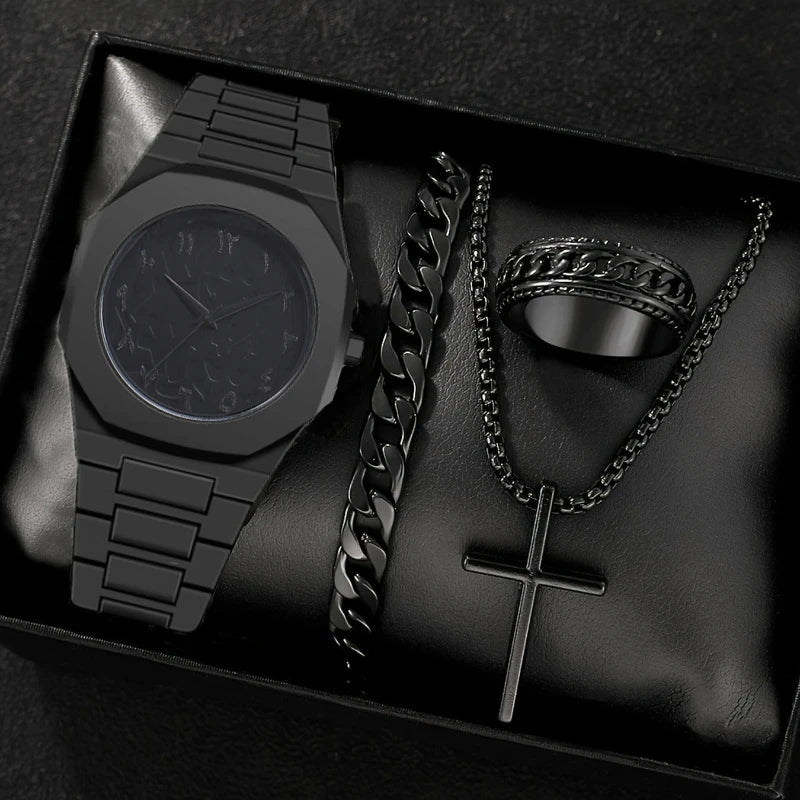 1/4PCS Creative Middle East Arabic Numerals Quartz Watch Business Wristwatch Cross Necklace Bracelet Ring Set (Without Box)