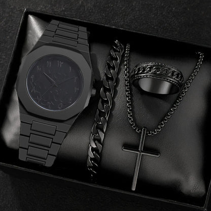 1/4PCS Creative Middle East Arabic Numerals Quartz Watch Business Wristwatch Cross Necklace Bracelet Ring Set (Without Box)