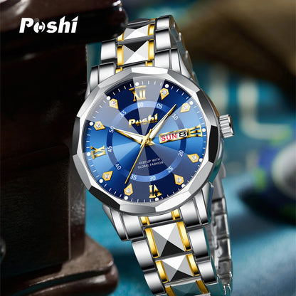 POSHI Men's Quartz Watch Original Waterproof Luminous Dual Calendar Quartz Wristwatch