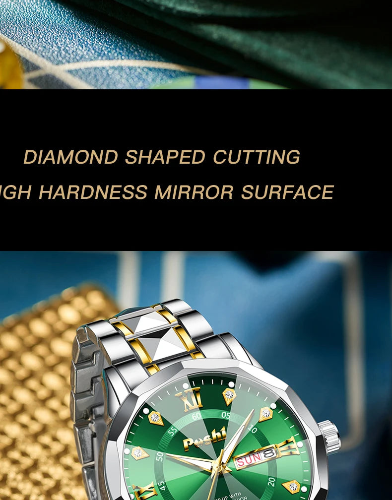 POSHI Men's Quartz Watch Original Waterproof Luminous Dual Calendar Quartz Wristwatch