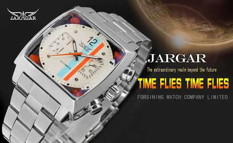 JARAGAR 569 Men's Mechanical Watch Fashion Design Square Dial Date Week Waterproof Steel Strap Leisure Wristwatch