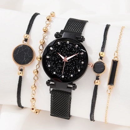 5pcs Women Fashion Starry Sky Watches Magnet Buckle Mesh Belt Diamond Quartz Watch Women Dress Clock Wristwatches for Girl Gift