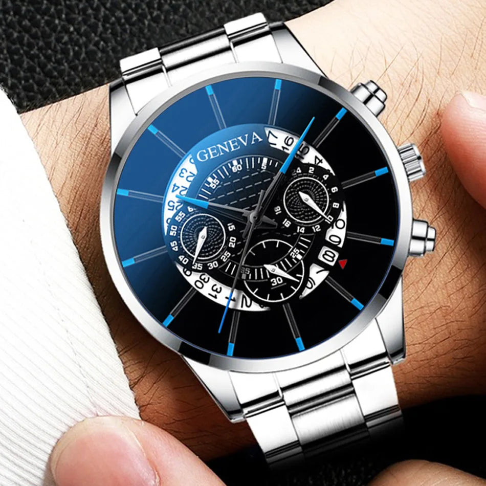 2pcs Luxury Men Business Watch Stainless Steel Men Fashion Sports Casual Quartz Wristwatch Clock