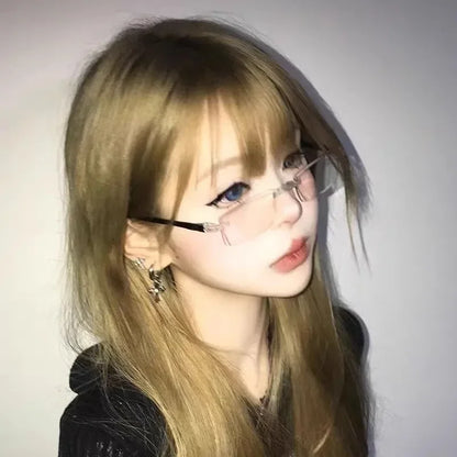 Retro Narrow-frame Glasses Women Anti-Blue Light Rimless Y2K Square Harajuku Eyewear Decorative Computer Eyeglasses Accessories