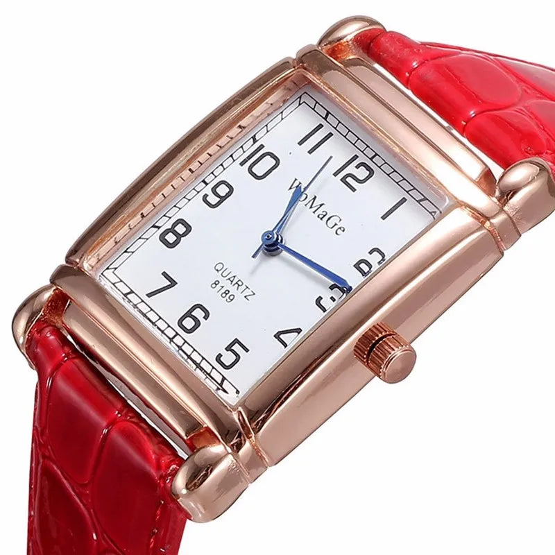 Fashion Women Watches Luxury Metal Rose Gold Square Ladies Quartz Wristwatch Rectangle Red Leather Female Clock