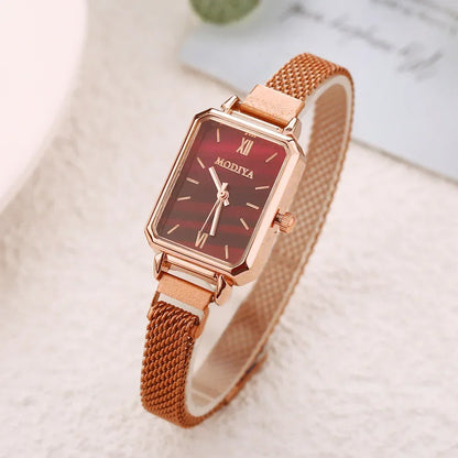 Women Watches Fashion Square Ladies Quartz Watch Magnetic Strap Green Dial Simple Rose Gold Mesh Luxury Women Watches