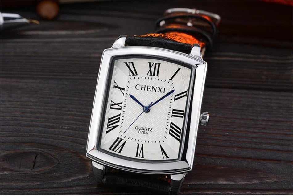 CHENXI 079A Couple's Watches Simple Square Business Clock Black Leather Strap Wristwatch for Men and Women