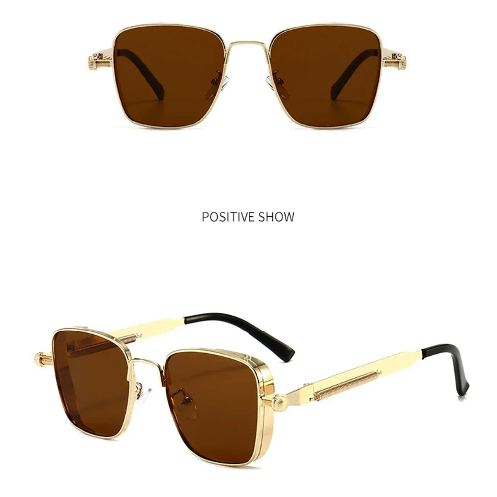 Men Driving Sunglasses Vintage Steampunk Square Sunglasses Metal Frame with Spring Hinges Women Eyepiece Trendy Driver Glasses