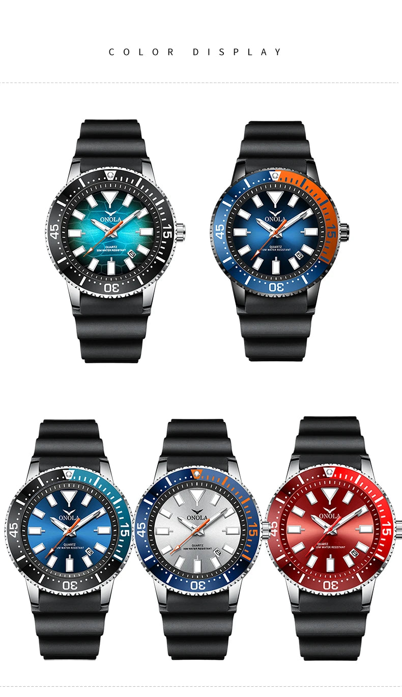 ONOLA 3850 Luxury Men's Watch Silicone Strap Timing Waterproof Sports Quartz watch