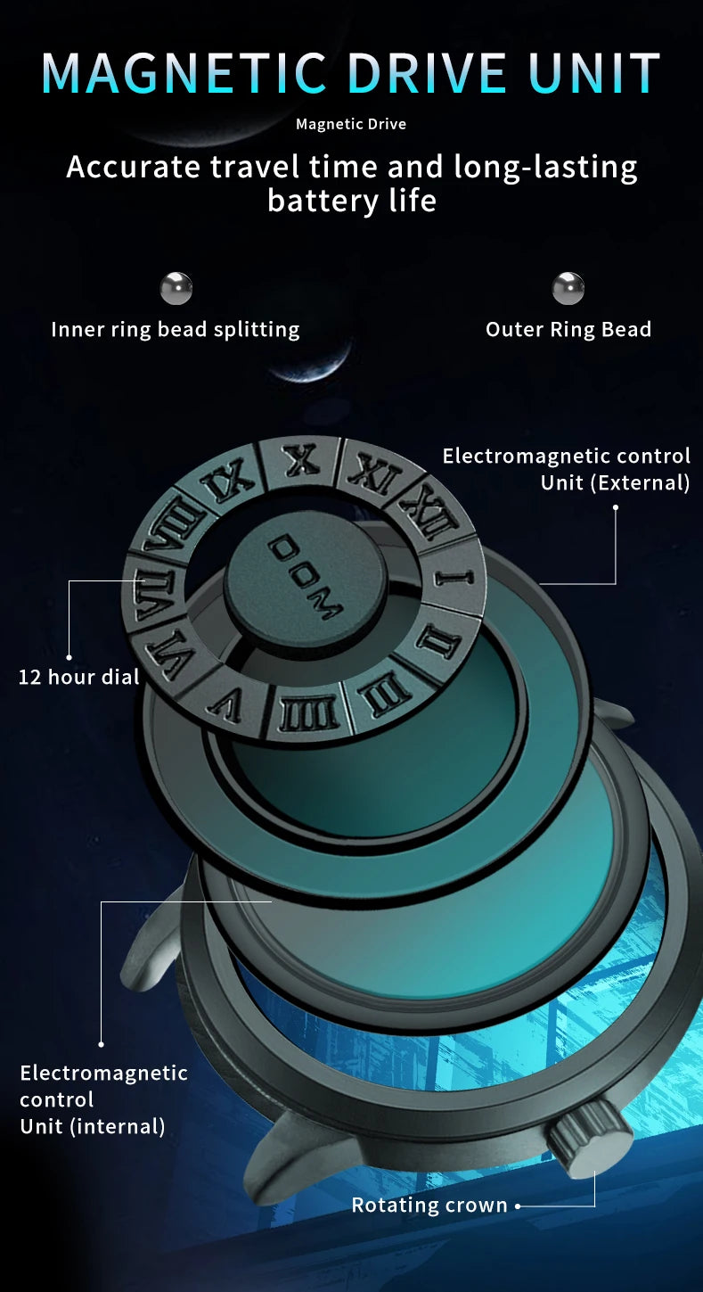 DOM 1345 Fashion New Personalized Floating Magnetic Pointer Free Ball Bearing Creative Waterproof Quartz Watch for Men Clock