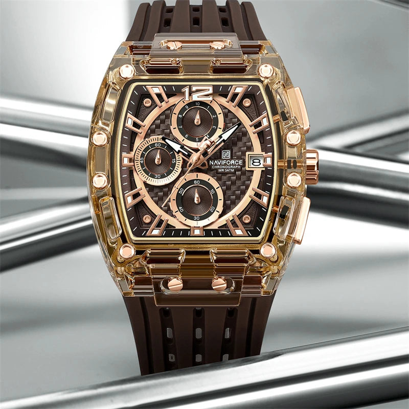 Naviforce 7105 Casual New Chronograph Mul-tifunction Watches Sports Silicone Man Transparent Case Wristwatch