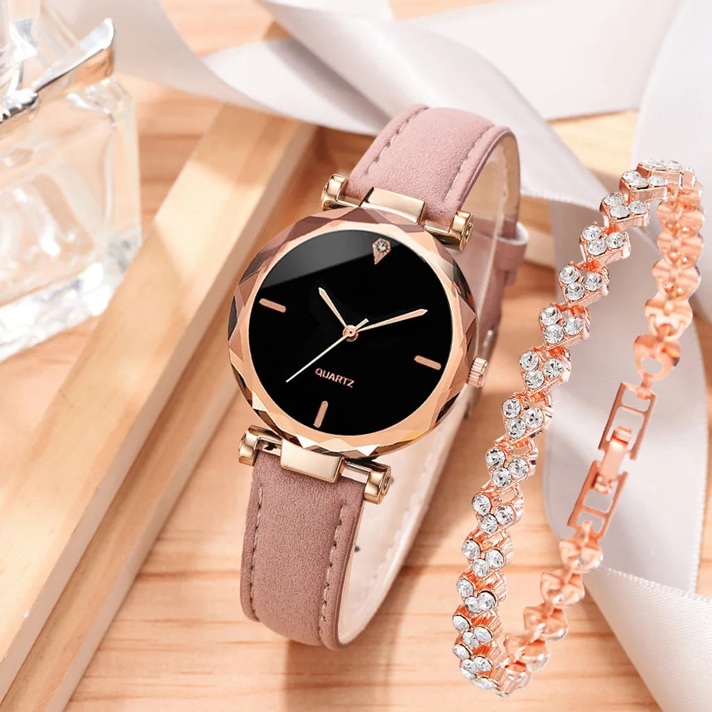2pcs Luxury Fashion Women Watch Set PU Leather Strap Ladies Quartz Wristwatch Rhinestone RoseGold Alloy Bracelet for Ladies Gift