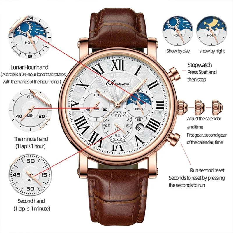 CHENXI 973 Multi-function Business Moon Phase Date Waterproof Rome Analog Imported Men Wristwatch