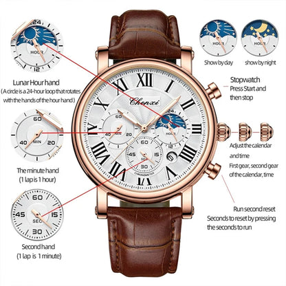 CHENXI 973 Multi-function Business Moon Phase Date Waterproof Rome Analog Imported Men Wristwatch