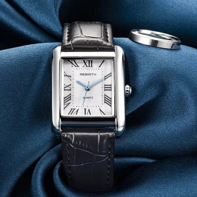 Rebirth 002 Roman Scale Black Elegant Mini Light Women's Leisure Watch Top Brand Quartz Movement Leather Strap Fashion