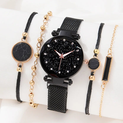 5pcs Women Fashion Starry Sky Watches Magnet Buckle Mesh Belt Diamond Quartz Watch Women Dress Clock Wristwatches for Girl Gift