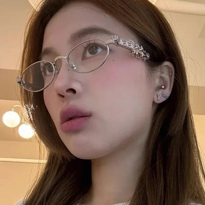 Vintage Y2K Rhinestone Studded Metal Oval Small Frame Elliptical Flat Eyeglasses Anti Blue Light Glasses Women Fashion Eyewear