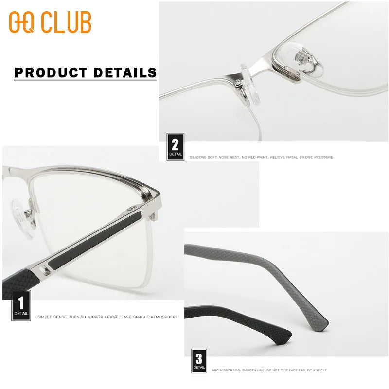O-Q CLUB Men's Half-frame Business Reading Glasses Anti-blue Light Anti-fatigue Metal Frame