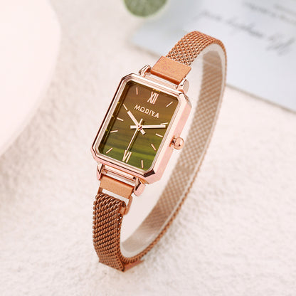 Women Watches Fashion Square Ladies Quartz Watch Magnetic Strap Green Dial Simple Rose Gold Mesh Luxury Women Watches