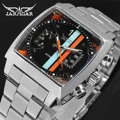 JARAGAR 569 Men's Mechanical Watch Fashion Design Square Dial Date Week Waterproof Steel Strap Leisure Wristwatch