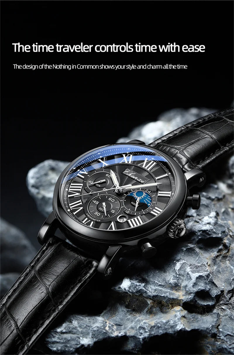 CHENXI 973 Multi-function Business Moon Phase Date Waterproof Rome Analog Imported Men Wristwatch