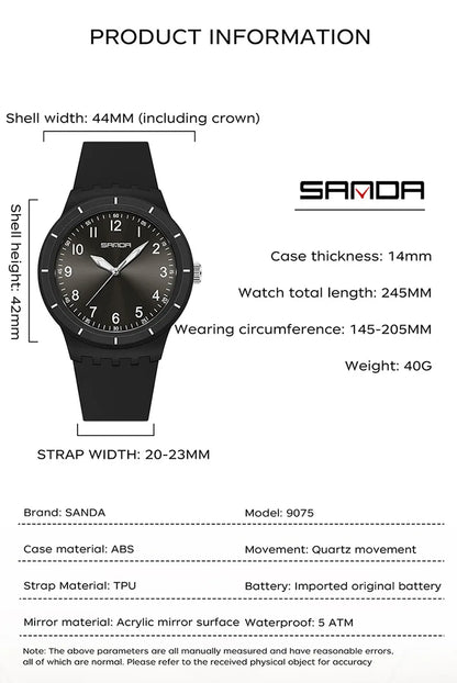 SANDA 9075 Men New Luxury Simple Original Watches Gift Silicone Quartz Wristwatches