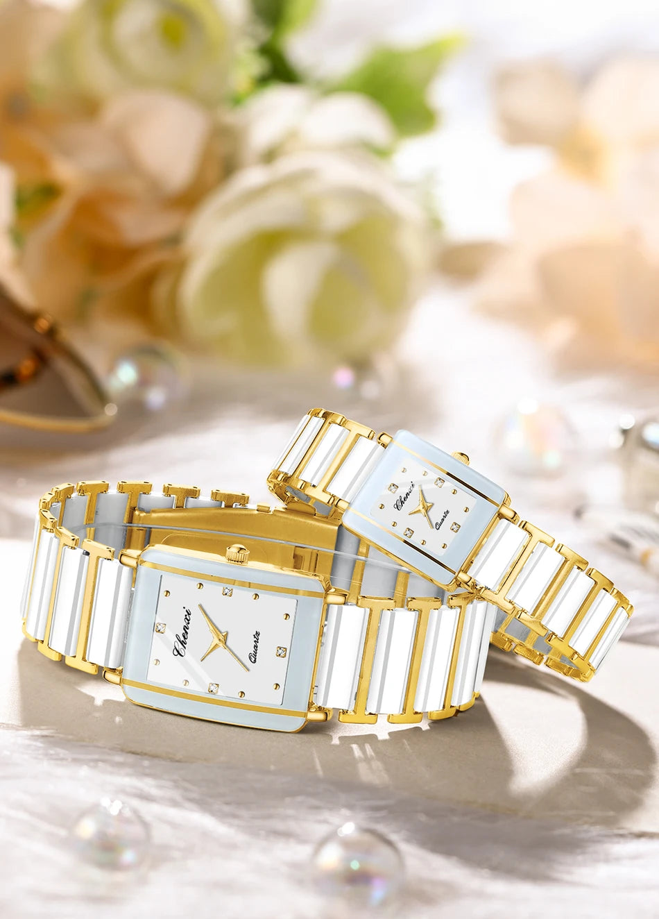 CHENXI 104A Couple Watches Waterproof Luxury Ceramics Square Business Stainless Steel Strap for Women Men Clock