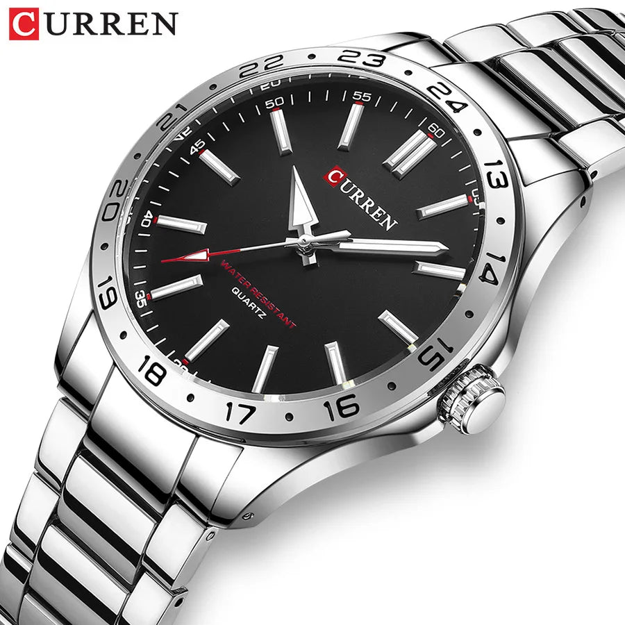 CURREN 8452 Men Quartz Watch Black Silvery Stainless Steel Strap