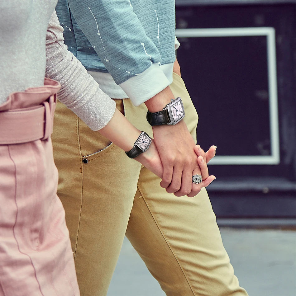 CHENXI 079A Couple's Watches Simple Square Business Clock Black Leather Strap Wristwatch for Men and Women