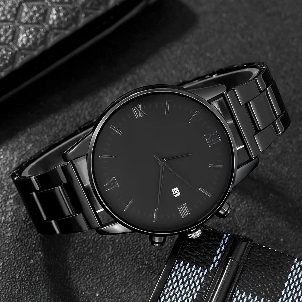 4PCS Fashion Men Business Watches Black Steel Band Male's Calendar Quartz Watch Relogio Masculino Jewelry Set（Without Box）