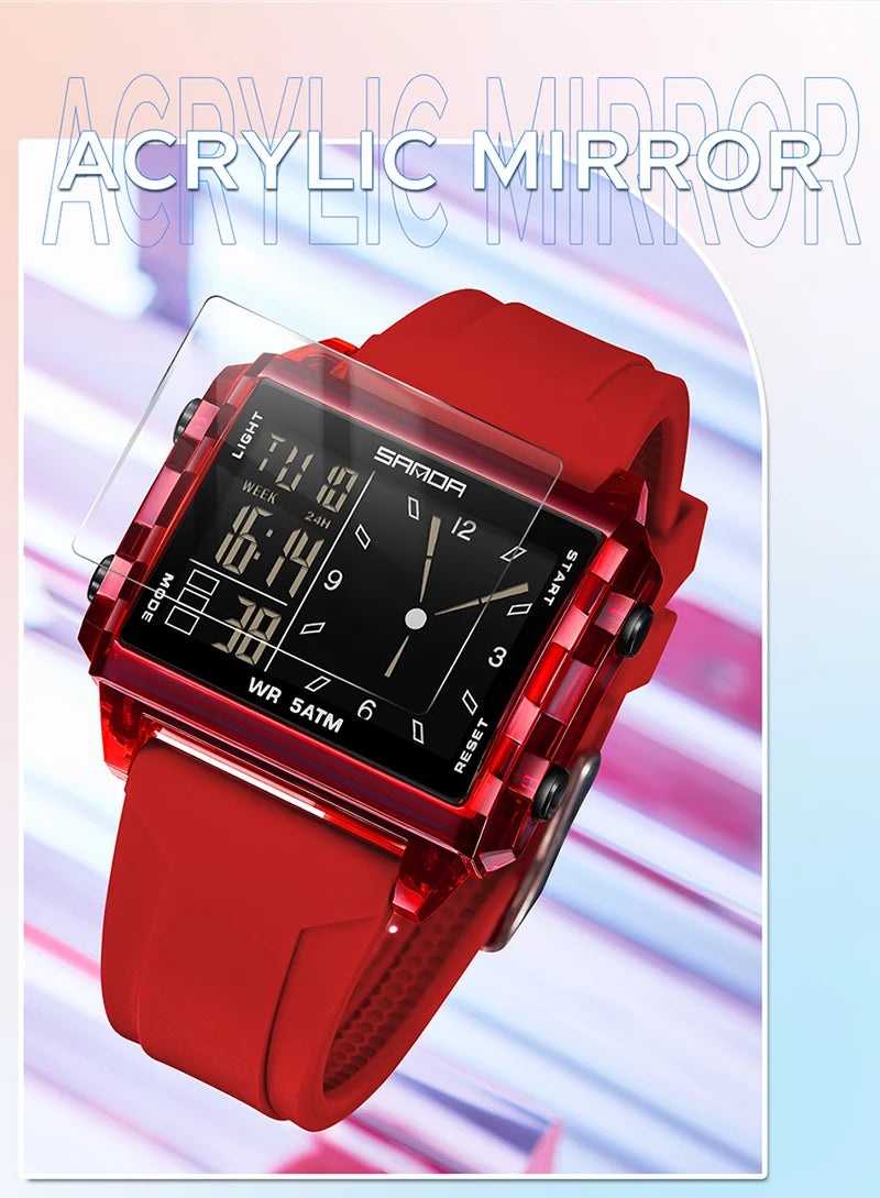 SANDA 6273 Wristwatch Square Dual Time Man Electron Analog Watch for Men Women Waterproof Count Down Timer Digital World Time