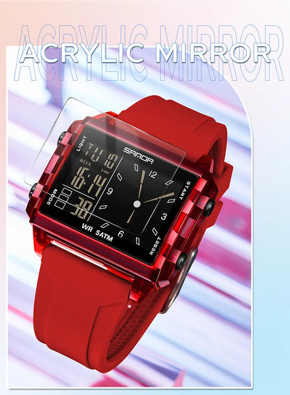 SANDA 6273 Wristwatch Square Dual Time Man Electron Analog Watch for Men Women Waterproof Count Down Timer Digital World Time