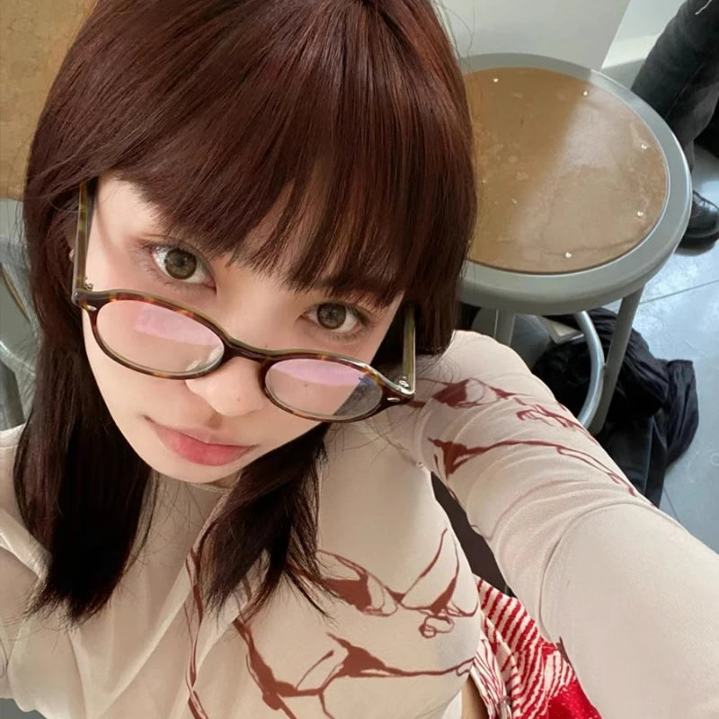 Y2K Retro Blue Green Oval Small Frame Glasses Frame Women's Anti Blue Light Glasses 2023 Fashion Style Eyeglasses Frame Eyewear