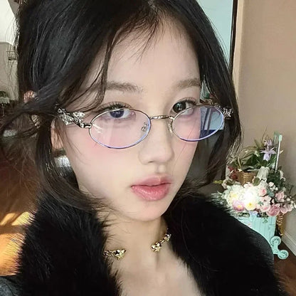 Vintage Y2K Rhinestone Studded Metal Oval Small Frame Elliptical Flat Eyeglasses Anti Blue Light Glasses Women Fashion Eyewear
