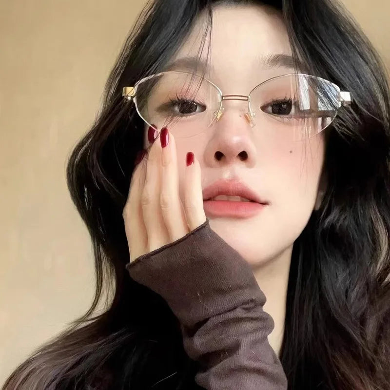 Korean Golden Silk Edge Half Frame Glasses Retro Oval Frame Eyeglasses Reading Computer Sweet Cool Anti Blue Light Eyeglasses