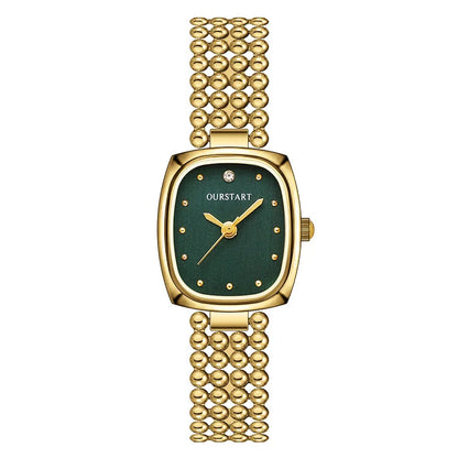 Fashion Retro Square Gold Watch High Quality Women Bracelet Watches Luxury Bead Link Strap Wristwatches Ladies Clock Gifts