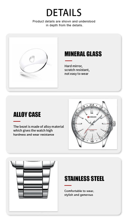 CURREN 8452 Casual Sport Simple Business Men's Watches 2025 Stainless Steel Band Wristwatch Quartz Clock with Luminous Pointers