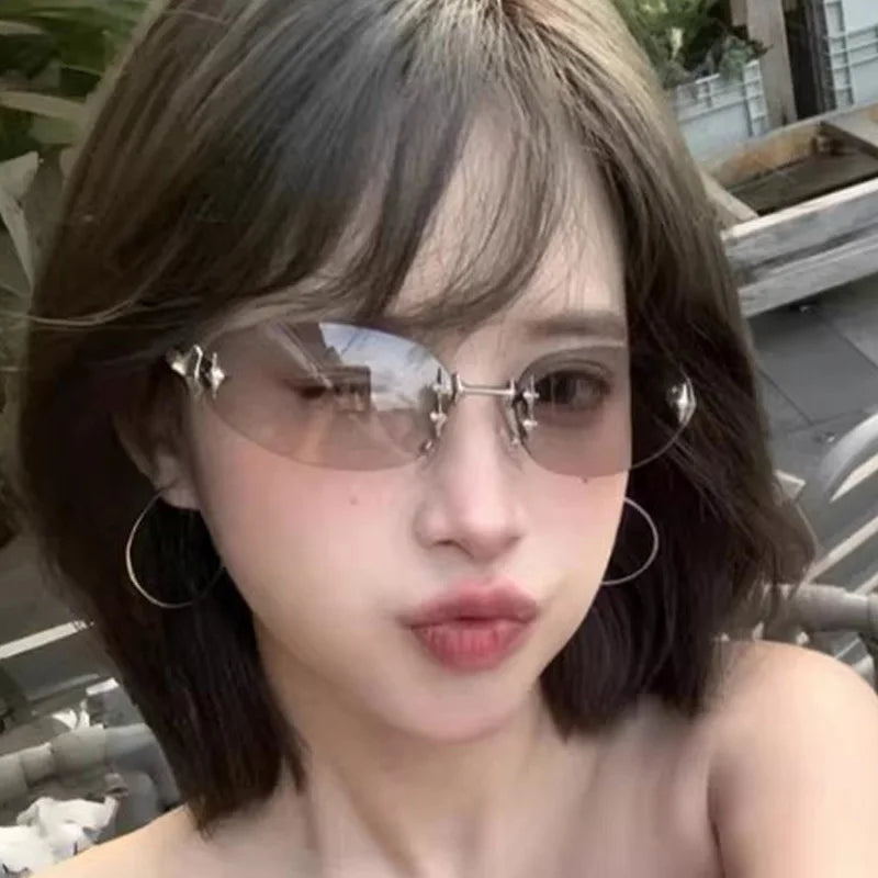 2026 Fashion Rimless Sunglass for Women Men Vintage Star Shaped Small Oval Frameless Y2K Blue Light Blocking Glasses Daily Wear