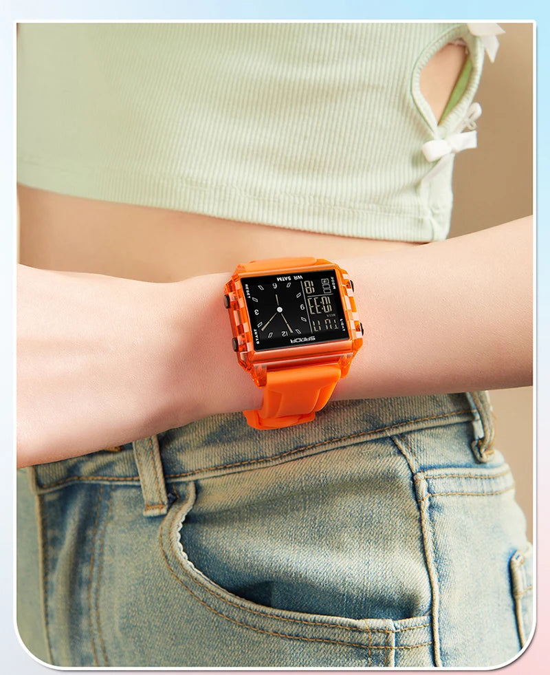 SANDA 6273 Wristwatch Square Dual Time Man Electron Analog Watch for Men Women Waterproof Count Down Timer Digital World Time