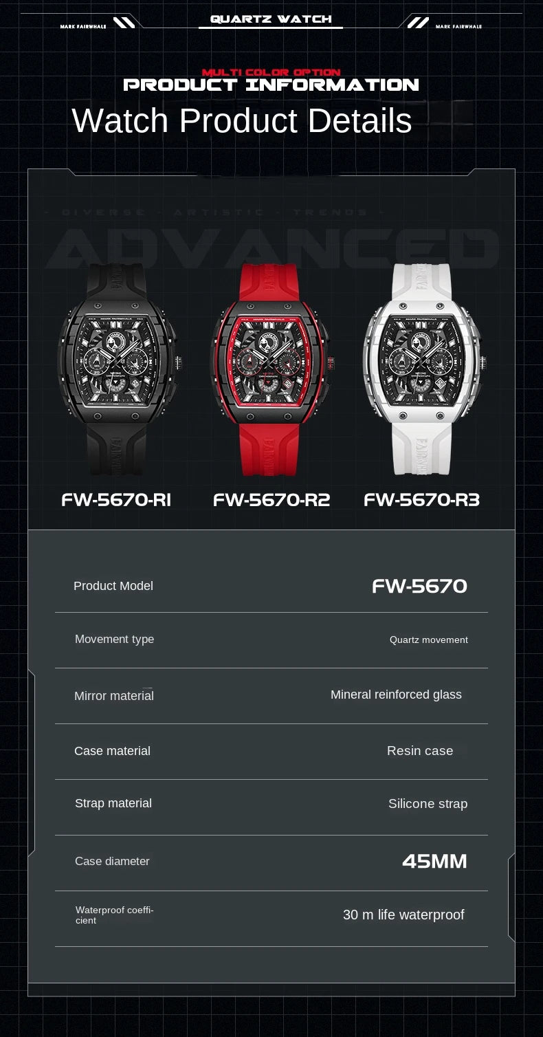 Mark Fairwhale 5670 Men's Top Design Quartz Tonneau Multifunction Chronograph Waterproof Silicone  Sports Quartz Watch for Men