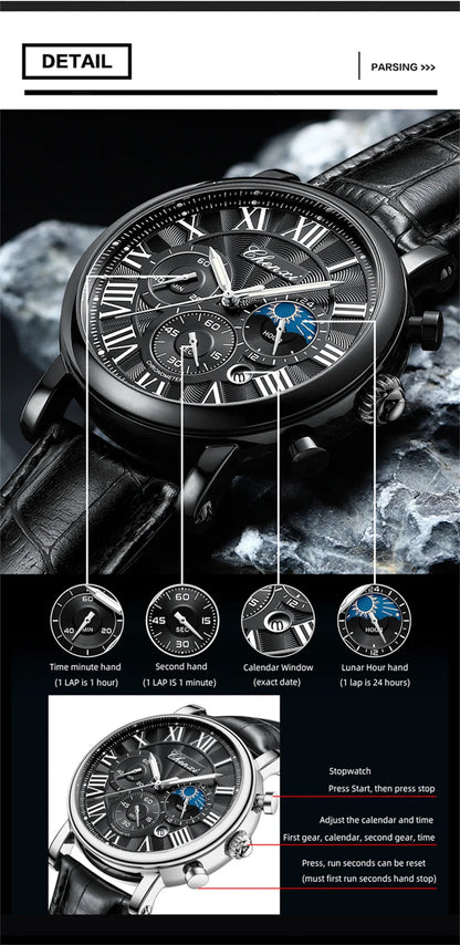CHENXI 973 Multi-function Business Moon Phase Date Waterproof Rome Analog Imported Men Wristwatch