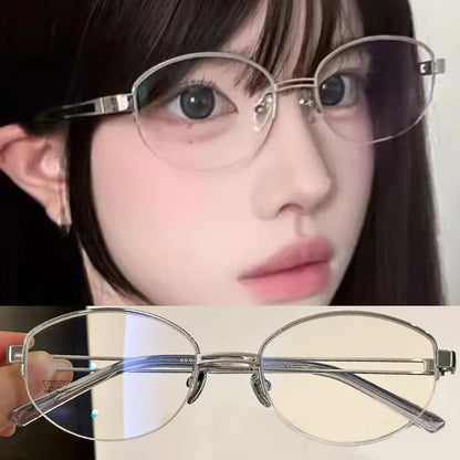 Korean Golden Silk Edge Half Frame Glasses Retro Oval Frame Eyeglasses Reading Computer Sweet Cool Anti Blue Light Eyeglasses