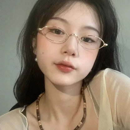 2024 Japanese Unisex Eyeglasses Frames Y2K Metal Small Oval Anti-blue Glasses Silver Gold Decorative Fashion Eyewear Accessories
