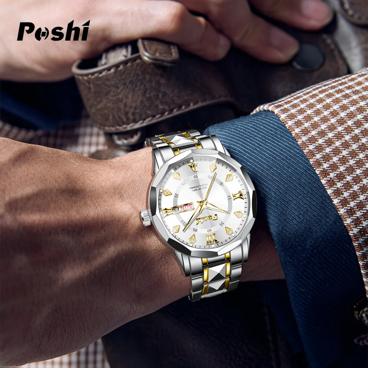 POSHI Men's Quartz Watch Original Waterproof Luminous Dual Calendar Quartz Wristwatch