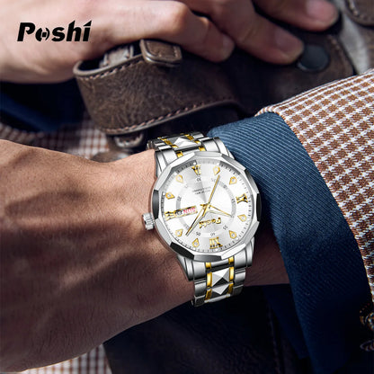 POSHI Men's Quartz Watch Original Waterproof Luminous Dual Calendar Quartz Wristwatch