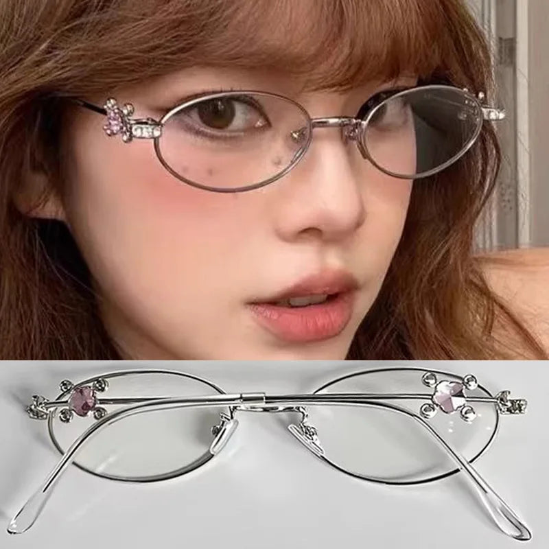 Fashion Punk Small Frame Glasses Retro Silver Anti Blue Light Eyewear for Women Y2K Rhinestone Glasses Girl Reading Eyeglasses